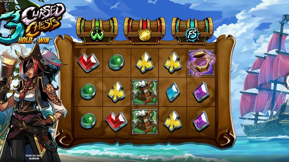 Tampilan visual slot 3 Cursed Chests: Hold & Win dengan tema bajak laut dan peti harta karun.