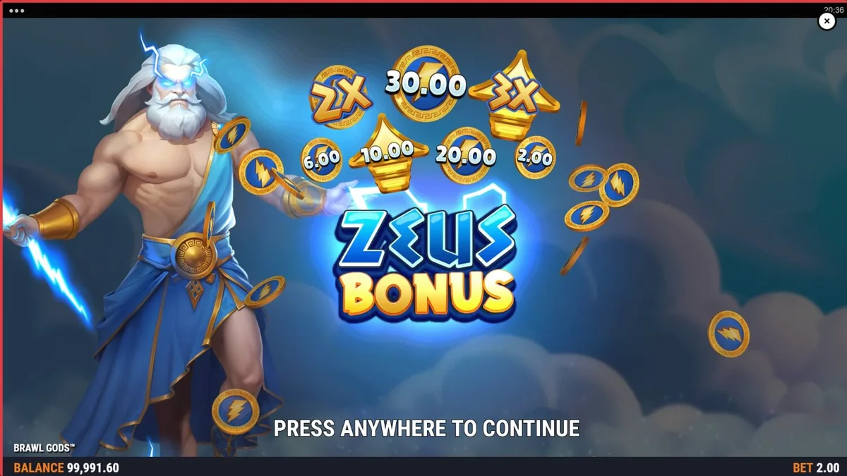 Tampilan visual slot Brawl Gods dengan desain layar terbelah antara Zeus dan Hades